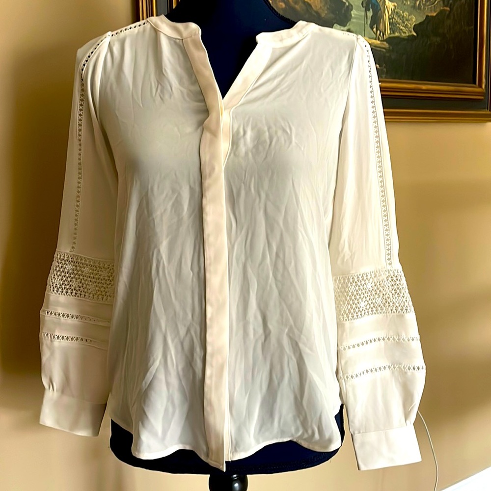 LOFT White Button Up Blouse with Long Sleeve Detailing